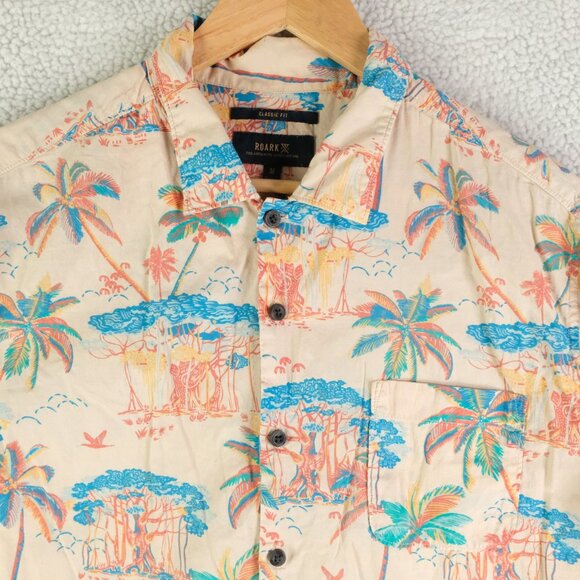 Roark Shirt Mens Medium Tan Blue Hawaiian Camp Button Up Palm Tree 100% Cotton - Picture 2 of 8
